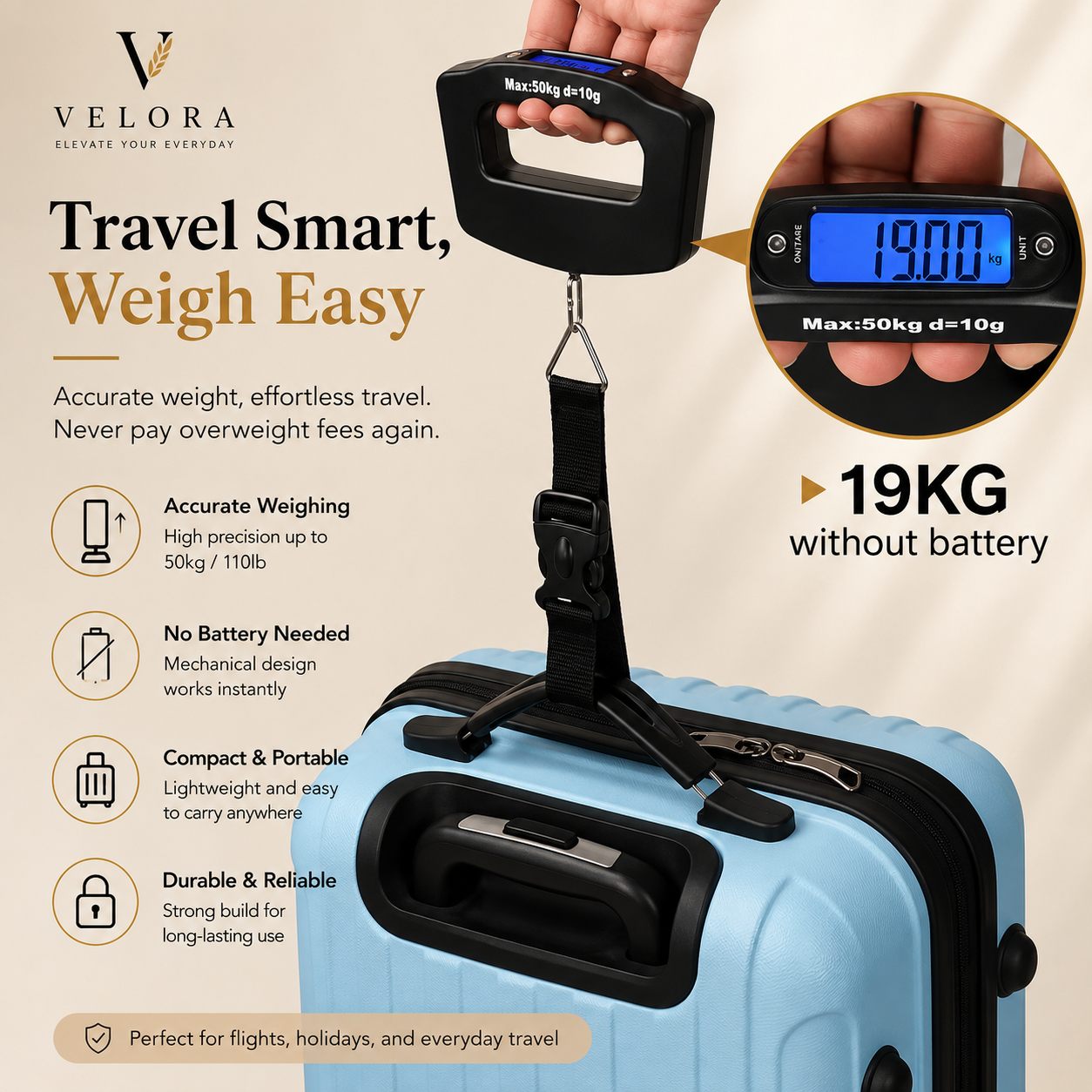 Portable Digital Luggage Scale 50kg – High Precision Travel Weight Checker
