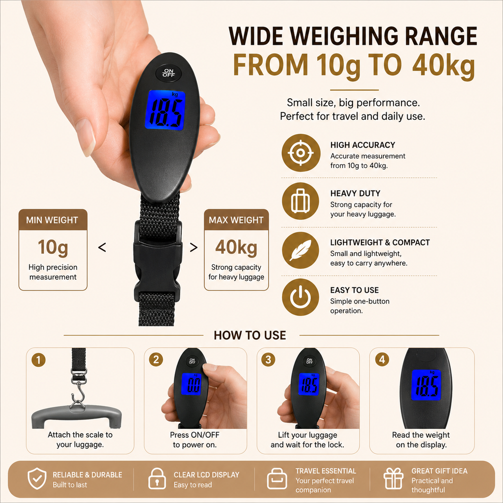 Portable Digital Luggage Scale 50kg – High Precision Travel Weight Checker