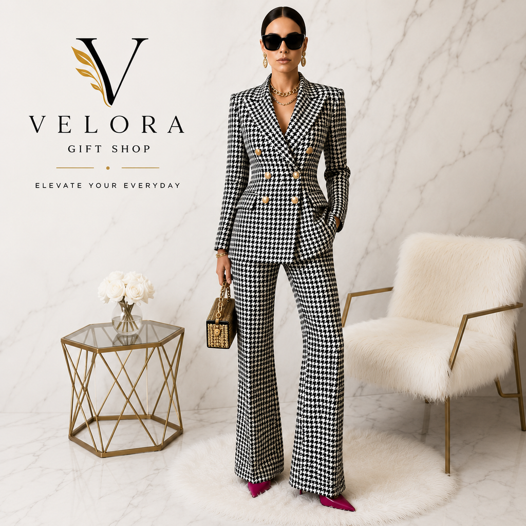 Women's Elegant Plaid Blazer & Trouser Suit Set – 2 Piece Office Co-Ord
