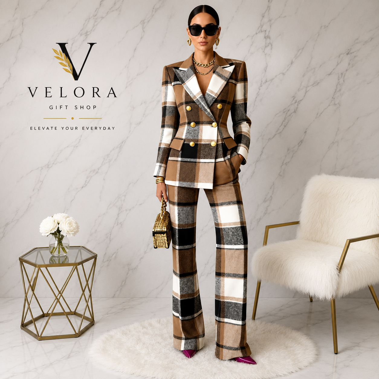 Women's Elegant Plaid Blazer & Trouser Suit Set – 2 Piece Office Co-Ord