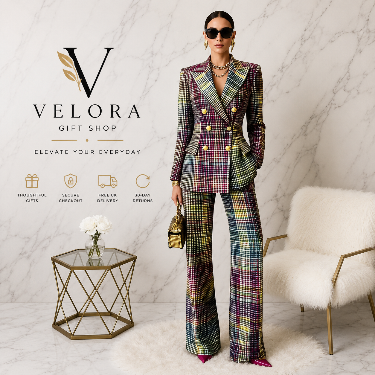 Women's Elegant Plaid Blazer & Trouser Suit Set – 2 Piece Office Co-Ord