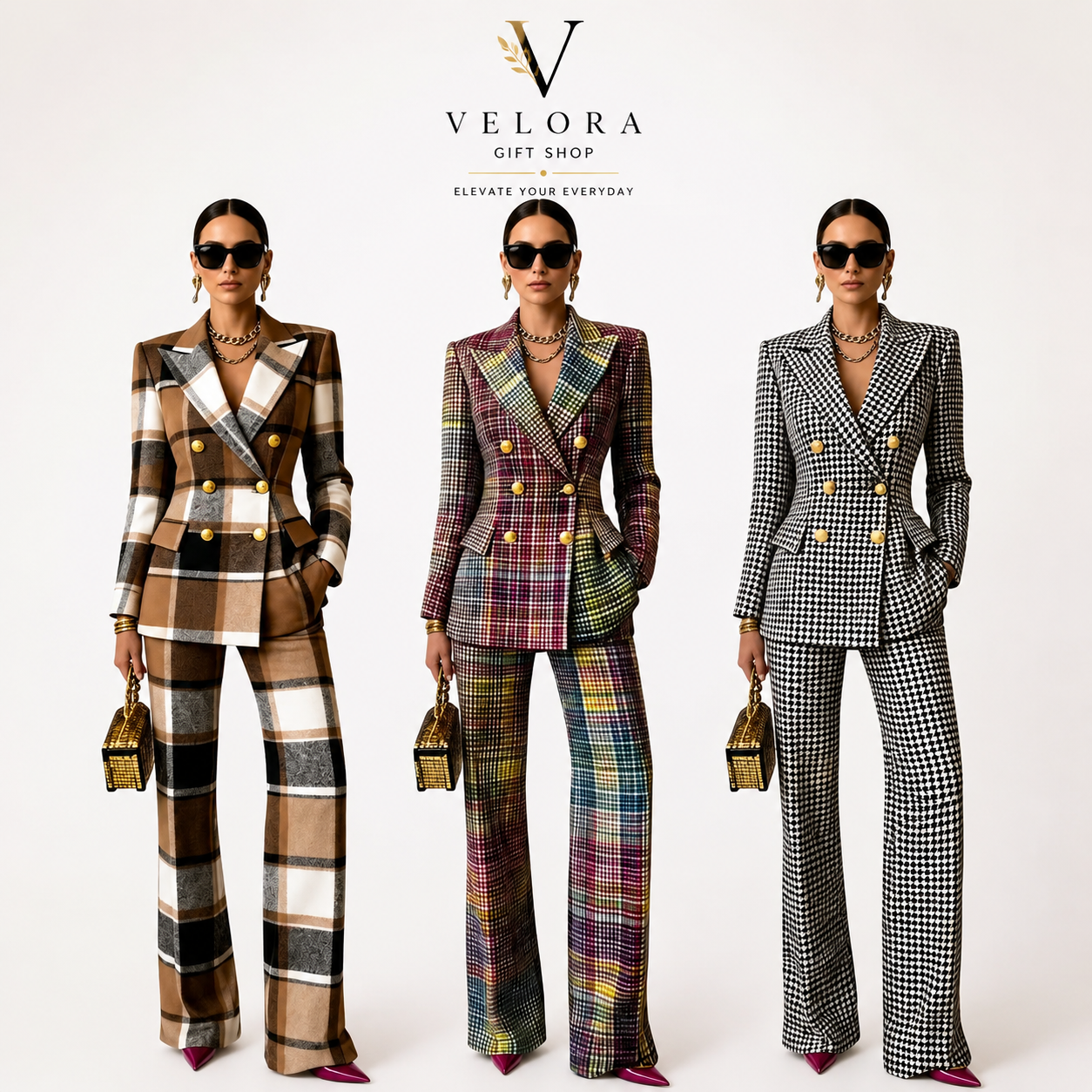 Women's Elegant Plaid Blazer & Trouser Suit Set – 2 Piece Office Co-Ord