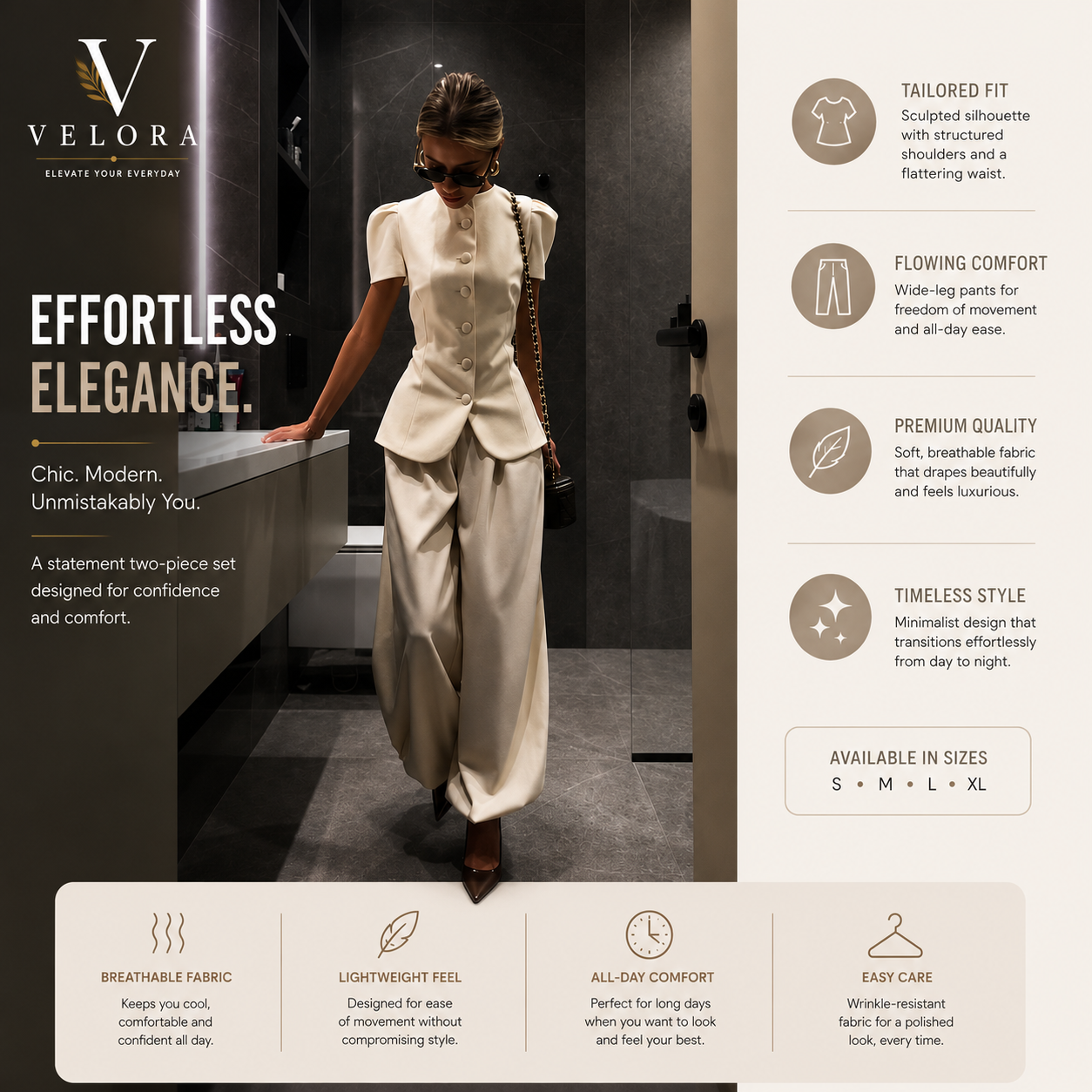 Women's Elegant 2-Piece Wide Leg Trouser Set – Short Sleeve Top & High Waist Pants