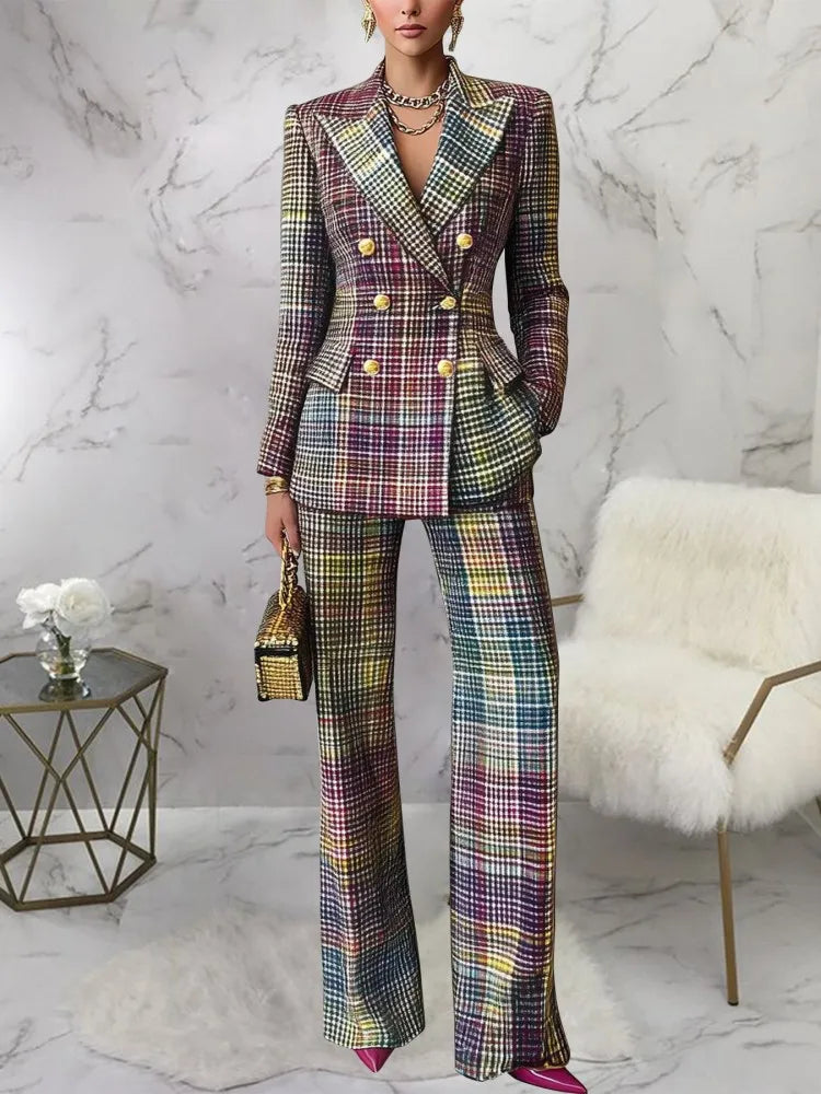 Women's Elegant Plaid Blazer & Trouser Suit Set – 2 Piece Office Co-Ord