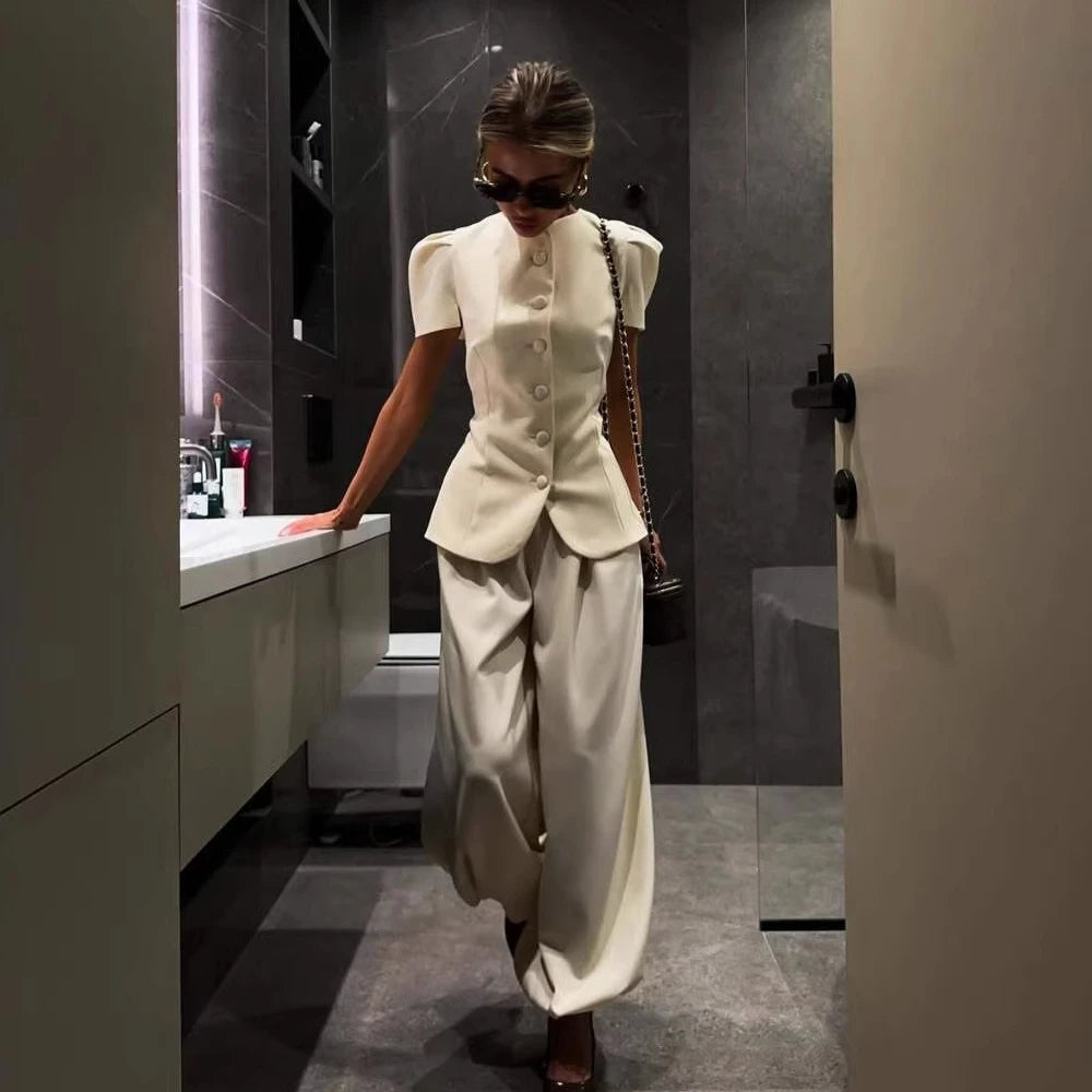 Women's Elegant 2-Piece Wide Leg Trouser Set – Short Sleeve Top & High Waist Pants
