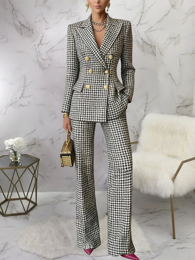 Women's Elegant Plaid Blazer & Trouser Suit Set – 2 Piece Office Co-Ord