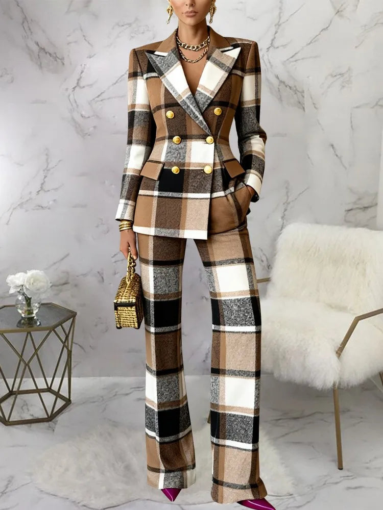Women's Elegant Plaid Blazer & Trouser Suit Set – 2 Piece Office Co-Ord