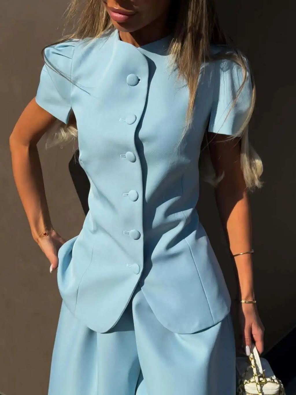 Women's Elegant 2-Piece Wide Leg Trouser Set – Short Sleeve Top & High Waist Pants
