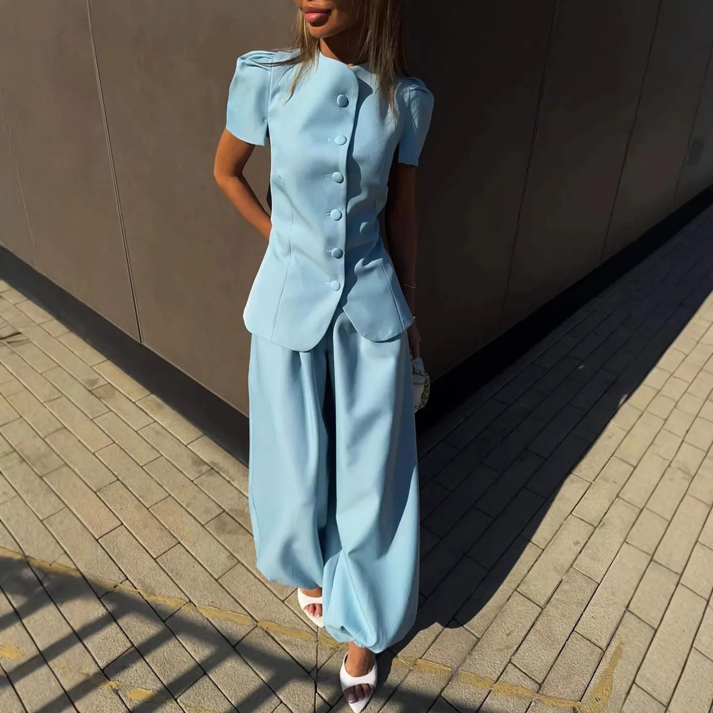 Women's Elegant 2-Piece Wide Leg Trouser Set – Short Sleeve Top & High Waist Pants