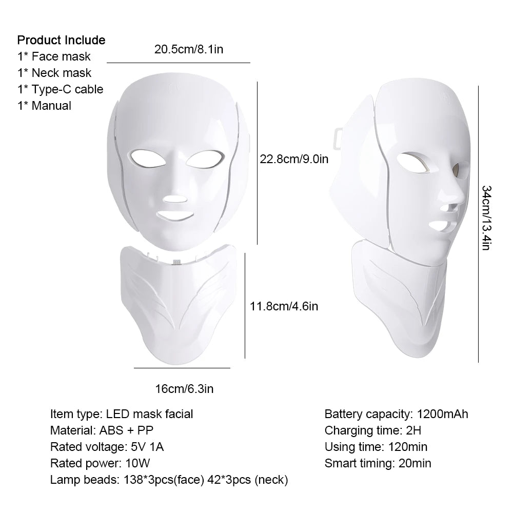 Wireless 7 Color LED Face & Neck Beauty Mask – Rechargeable Skin Care Device for Glowing Skin