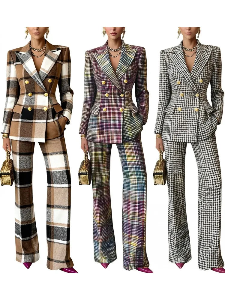 Women's Elegant Plaid Blazer & Trouser Suit Set – 2 Piece Office Co-Ord