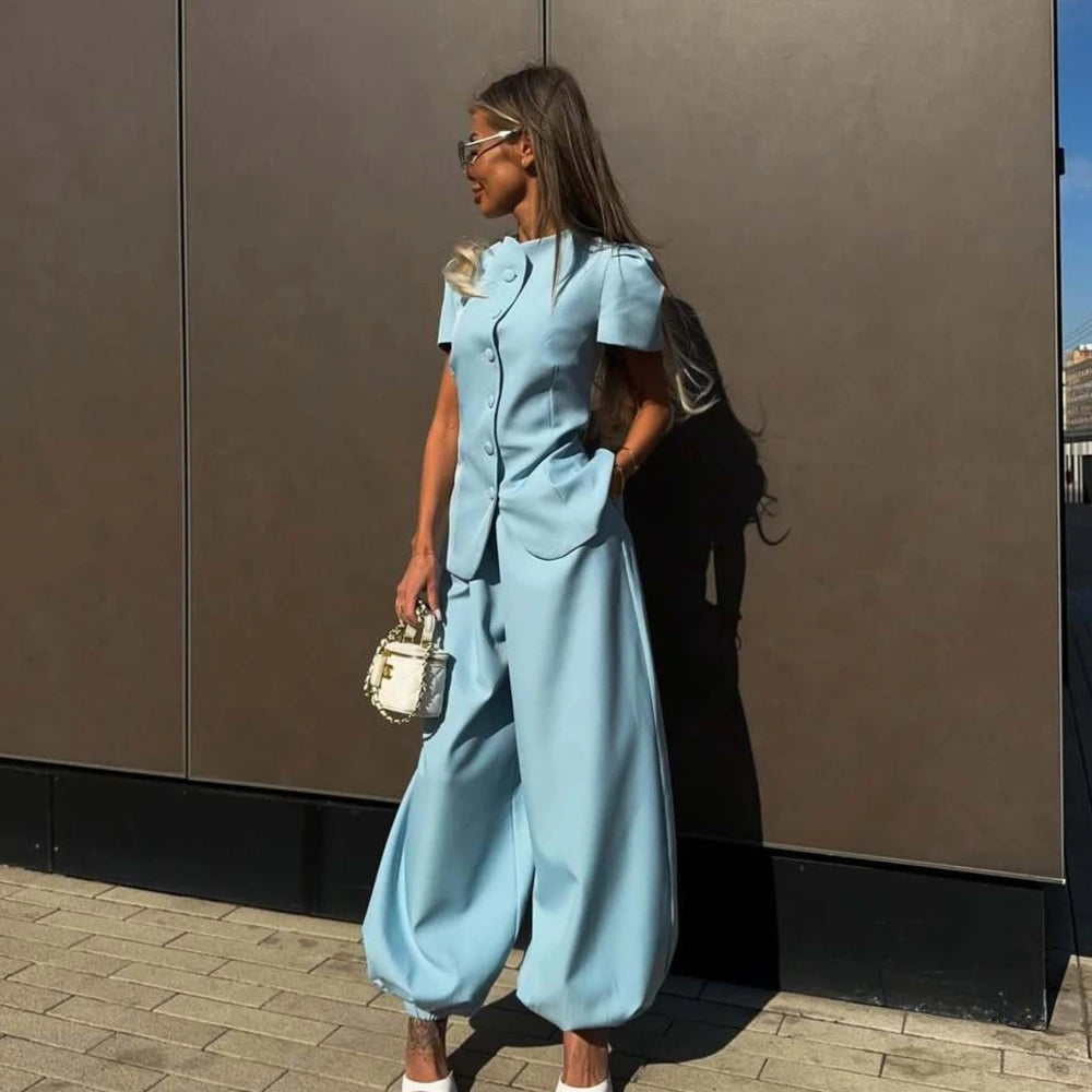Women's Elegant 2-Piece Wide Leg Trouser Set – Short Sleeve Top & High Waist Pants