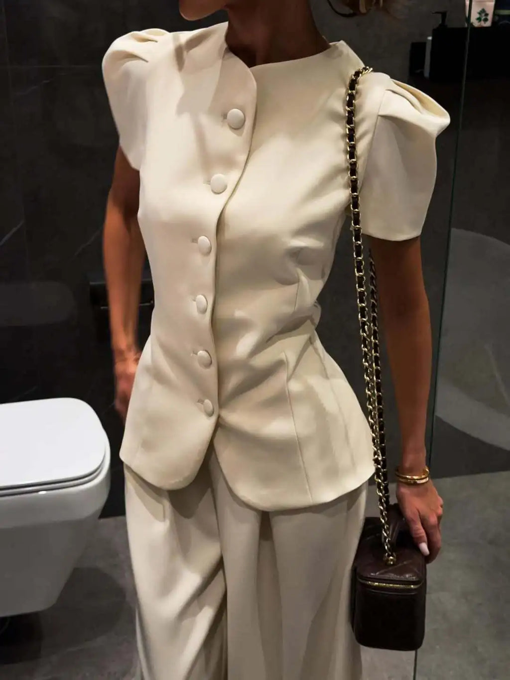 Women's Elegant 2-Piece Wide Leg Trouser Set – Short Sleeve Top & High Waist Pants