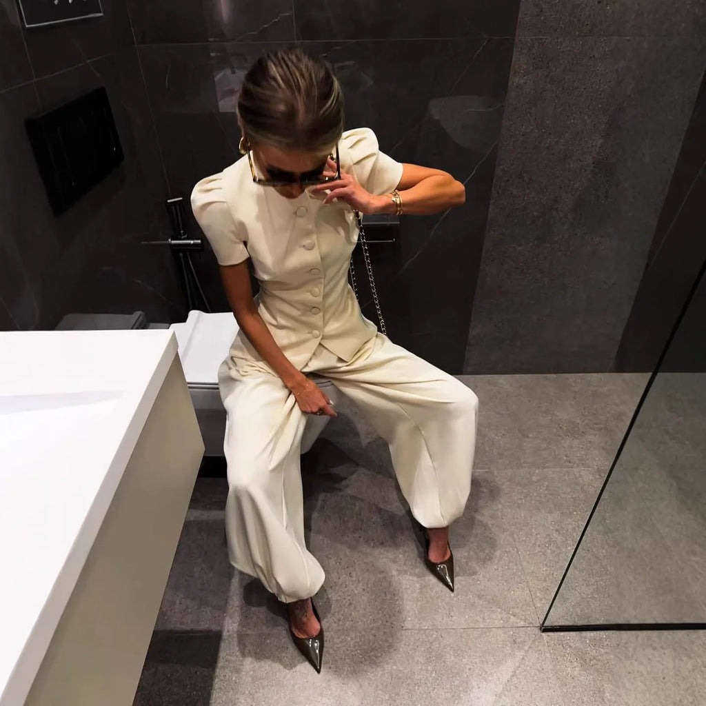 Women's Elegant 2-Piece Wide Leg Trouser Set – Short Sleeve Top & High Waist Pants