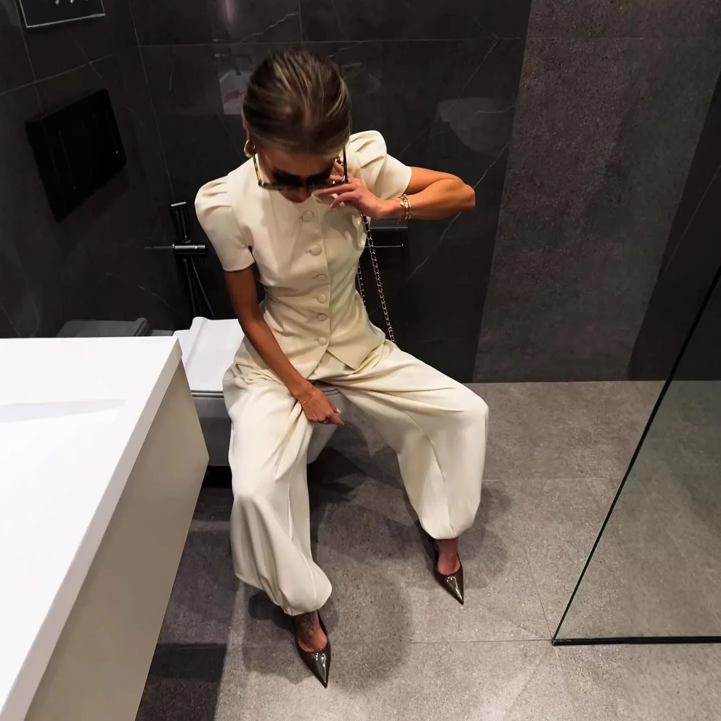 Women's Elegant 2-Piece Wide Leg Trouser Set – Short Sleeve Top & High Waist Pants